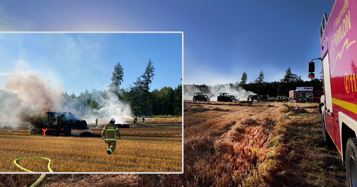Ballenpresse und Stoppelfeld in Scharfenberg in Brand